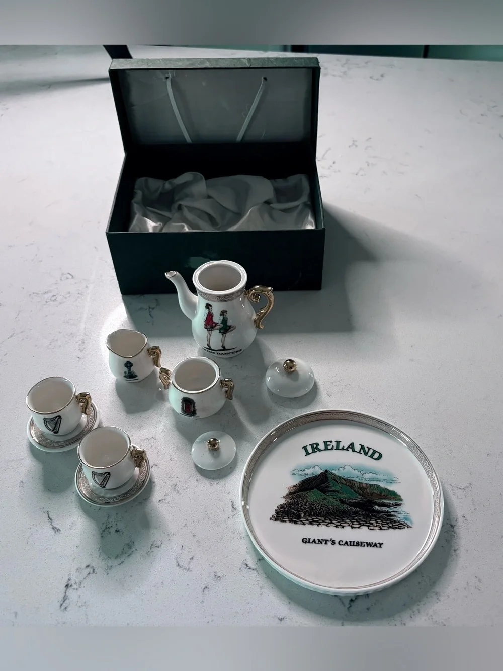 Iconic Ireland Irish Dancers White Porcelain Miniature Tea Set handpainted